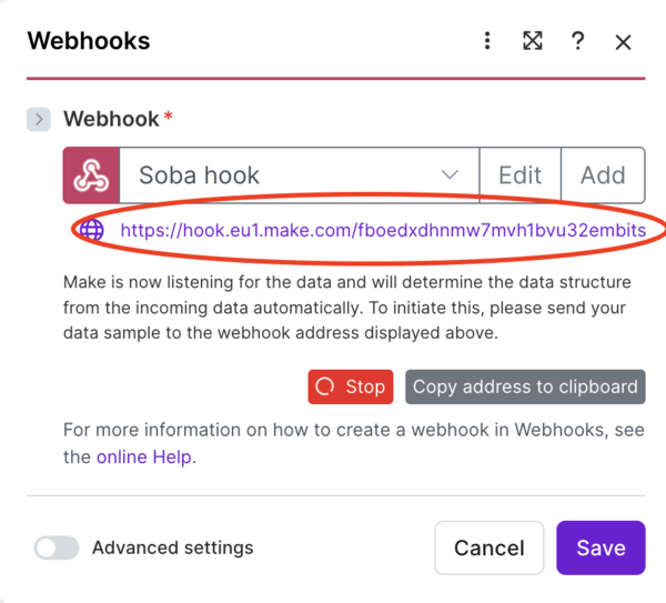 Notre webhook dans un scénario sur Make