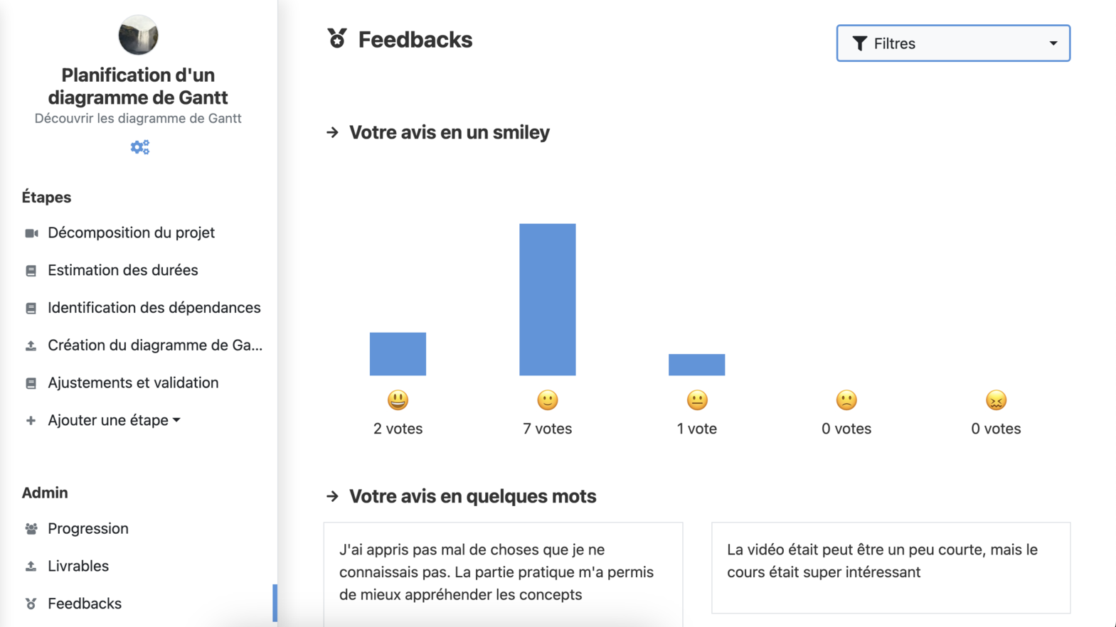 Vue centralisée des feedbacks étudiants sur Soba LMS