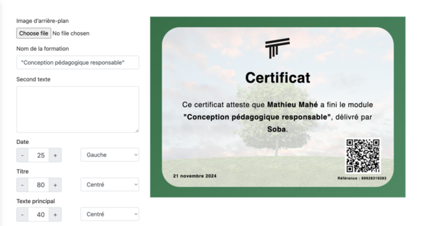Vue de Soba LMS : Création d'une certification personnalisée