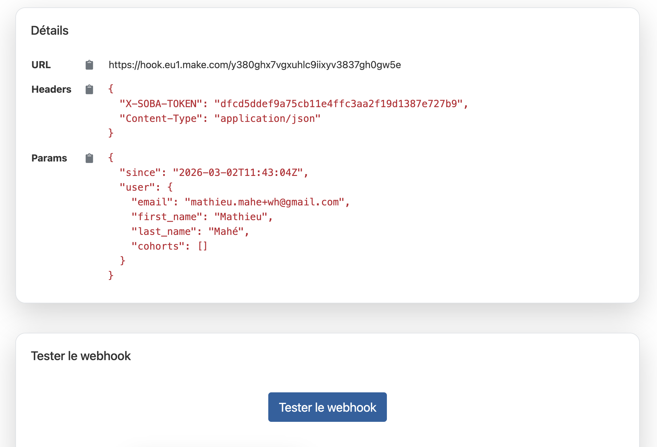 Test d'un webhook coté SobaLMS